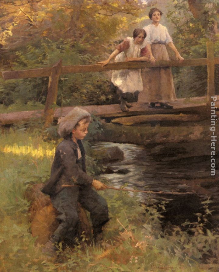 Harold Harvey Fishing By A Forest Stream